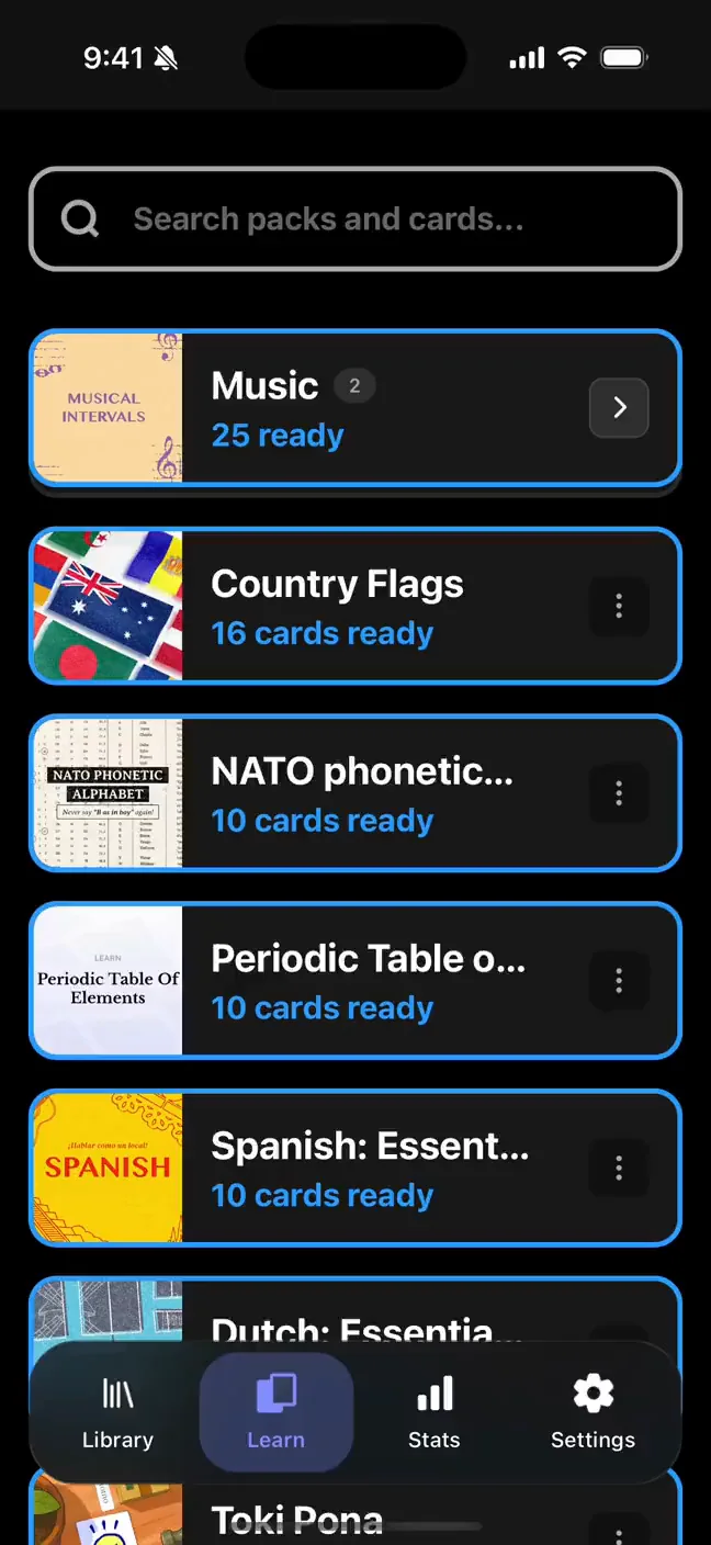 The Optimem home screen listing the learner's packs