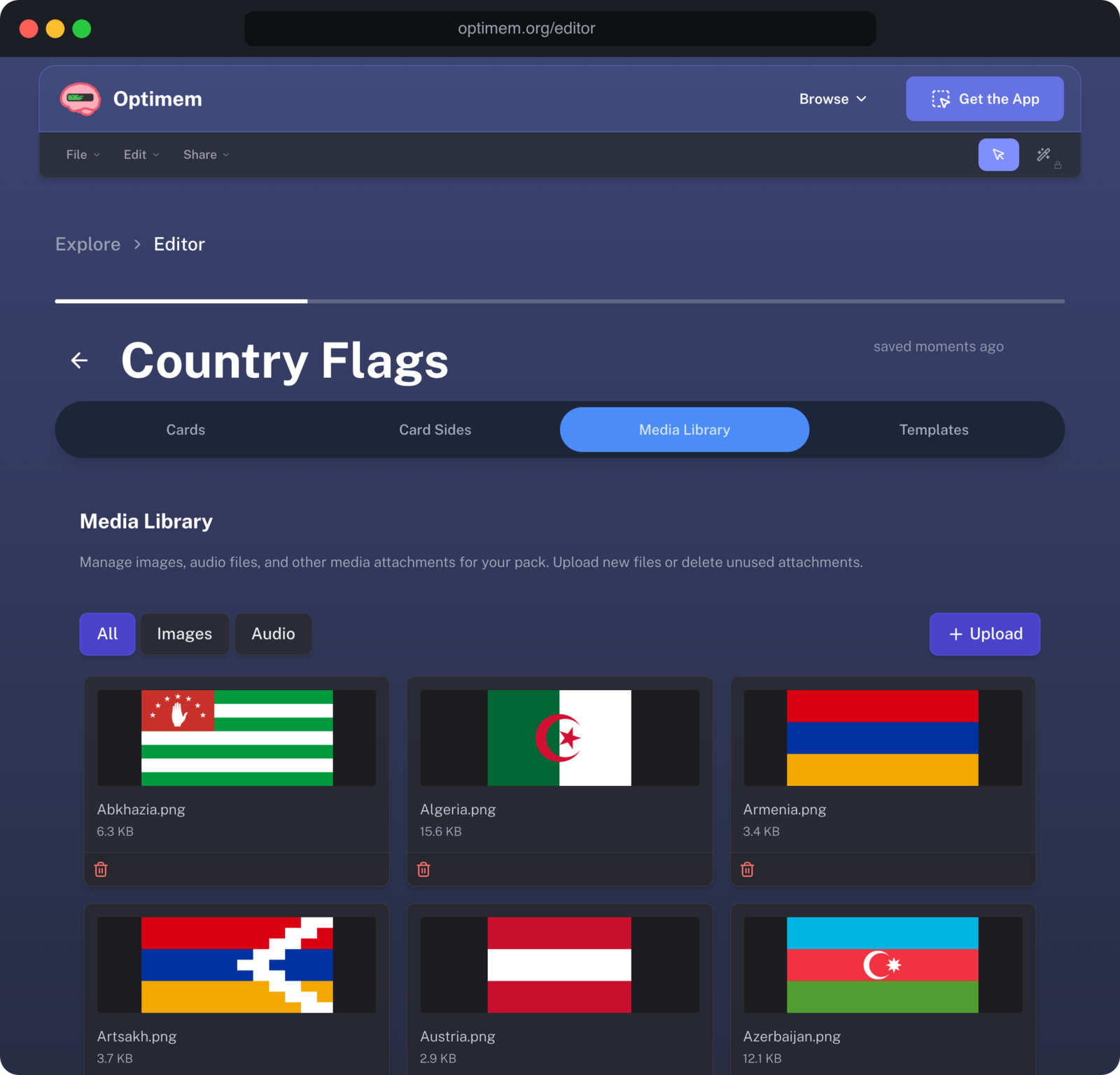 The Optimem editor showing the media library of the Country Flags pack